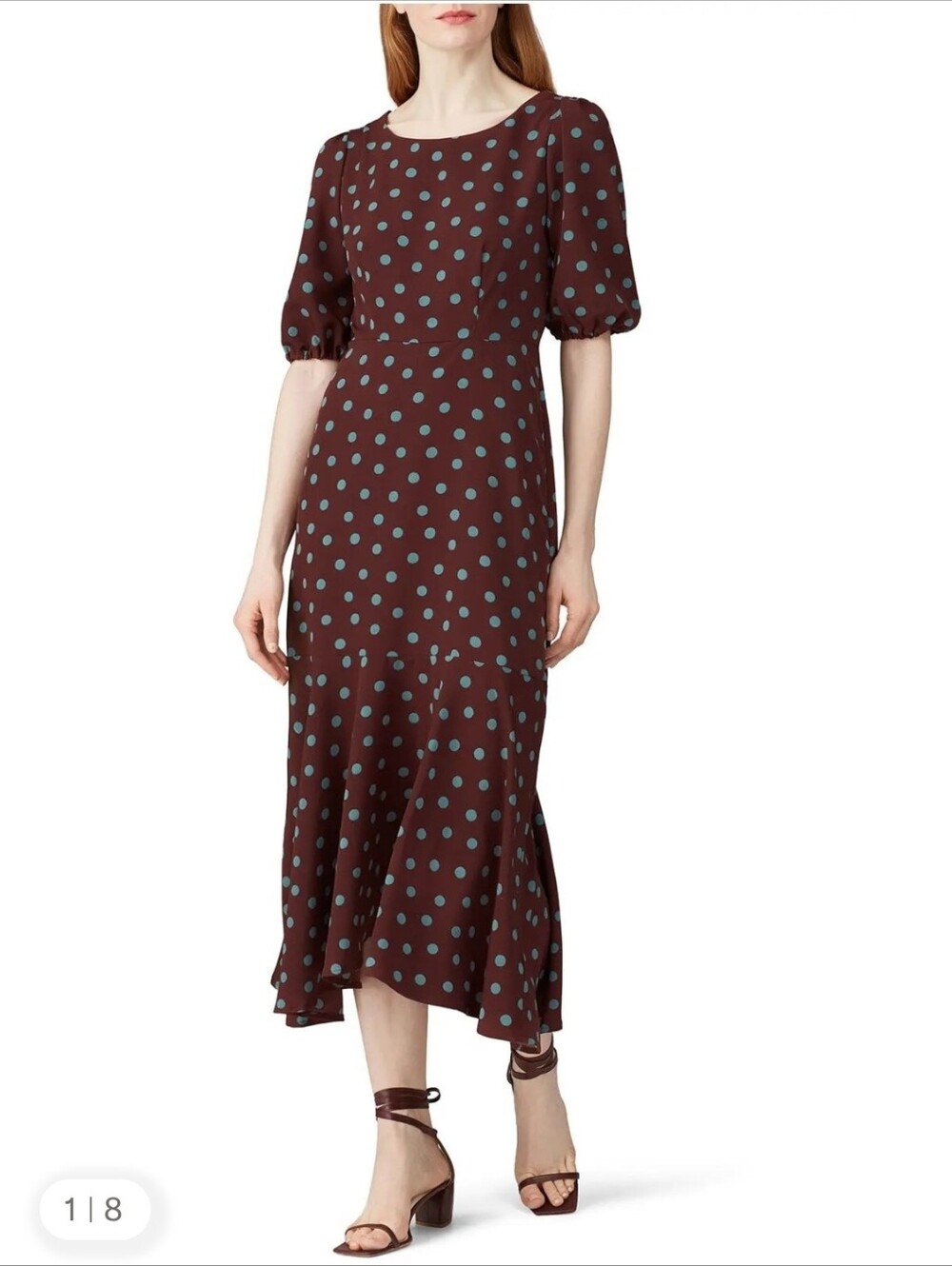 bobeau Brown Midi Dress with Teal Polka Dots - Size XL